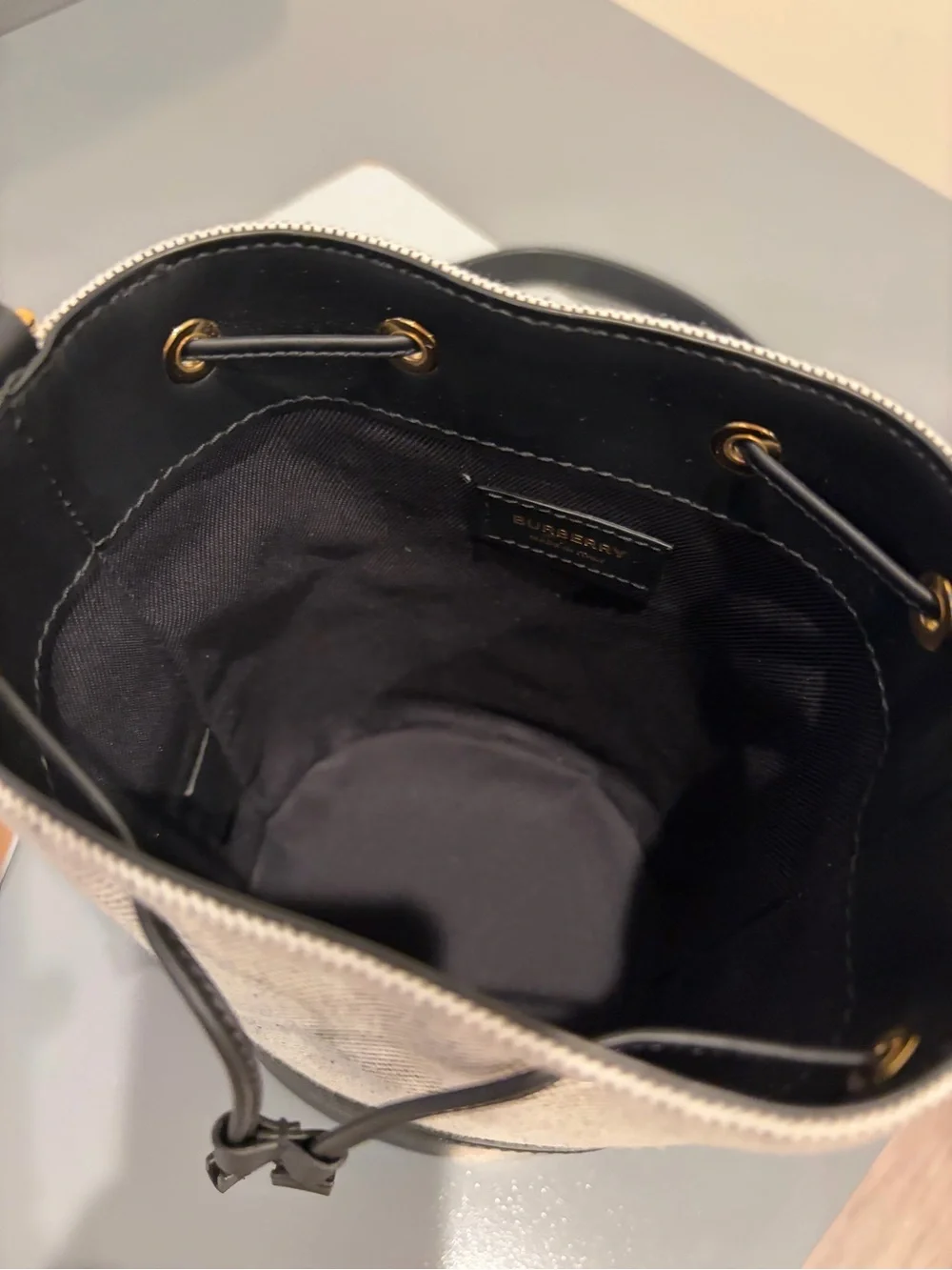 Burberry Black and Cream Canvas Leather Bucket Bag